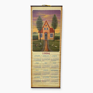 Vintage 1994 Bamboo Wall Calendar Roll Up Primitive Americana Country Folk Art